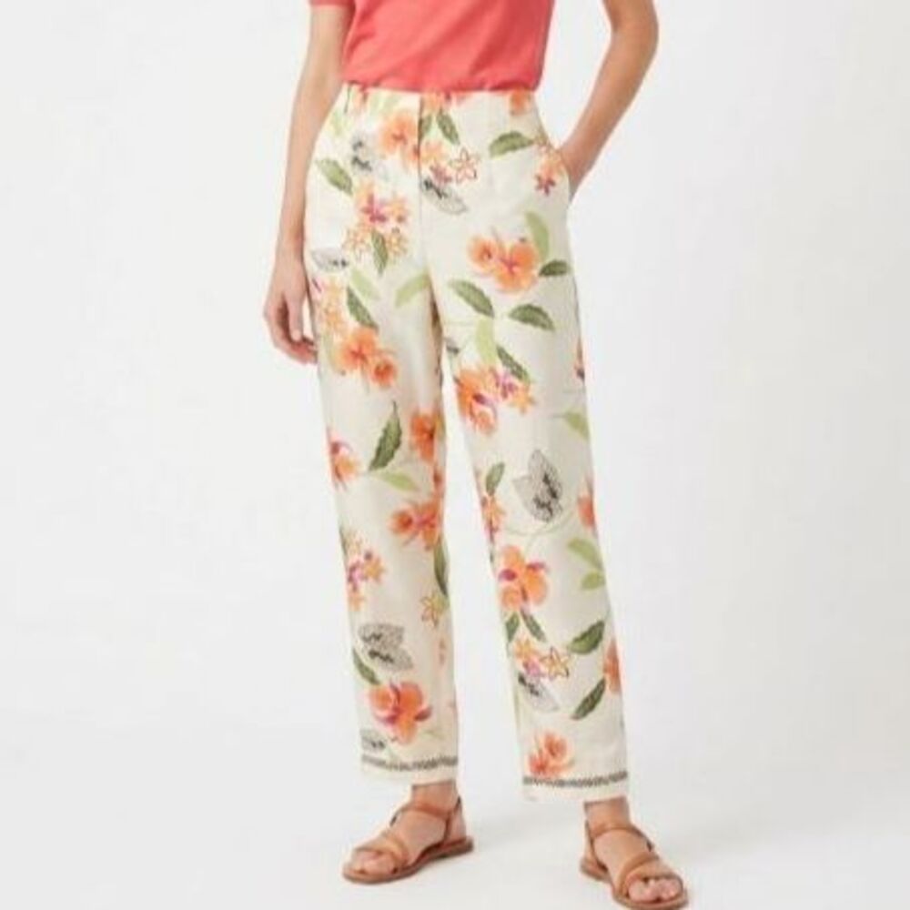 Talbots NWOT Ivory Coral 100% Silk Orchid Floral Cropped Ankle Pants Size 2P